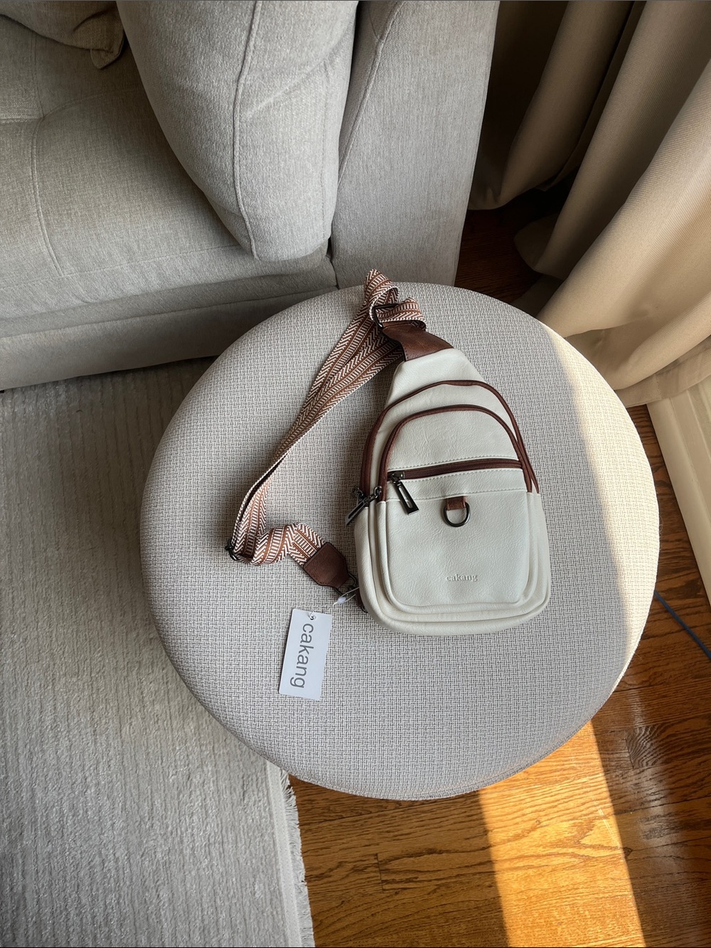 Cream Crossbody Sling Bag with Brown Trim - Picture 1 of 2